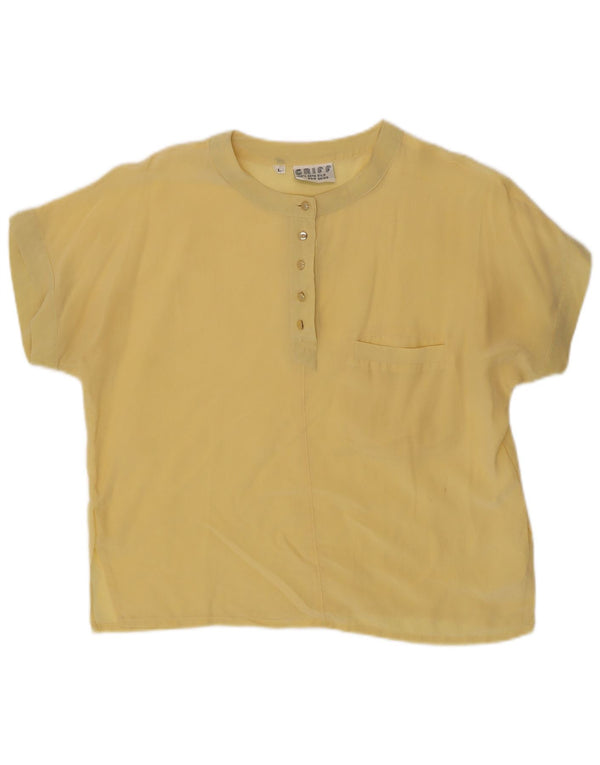 Blusa feminina vintage de manga curta Top UK 14 seda amarela grande