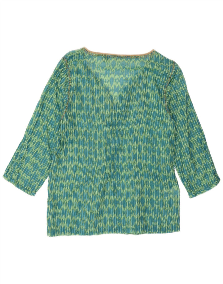 Túnica feminina Eddie Bauer manga 3/4 solta ajuste Reino Unido 6 XS verde algodão Ikat