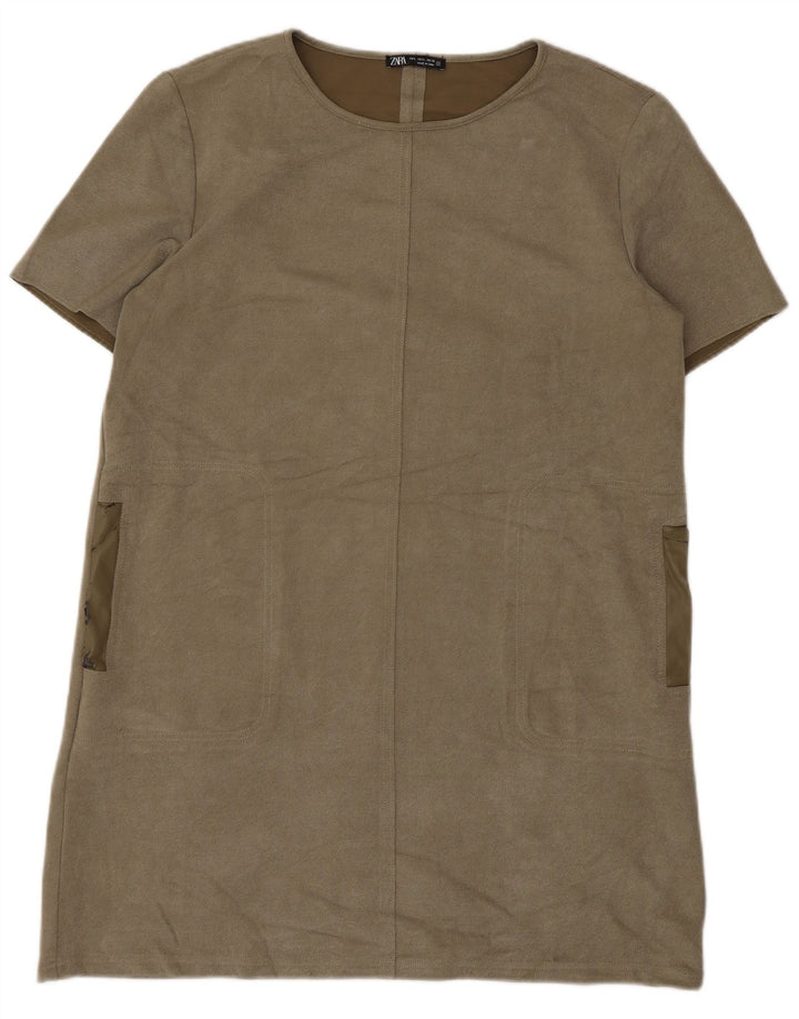 Zara Vestido Shift Feminino Reino Unido 16 Grande Caqui