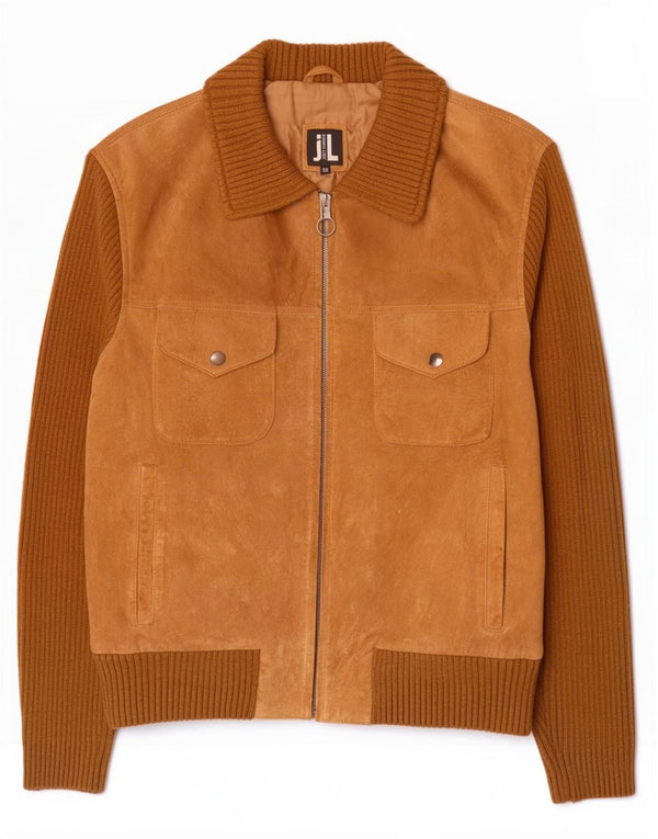 Vintage Womens Suede Bomber Jacket IT 50 XL Beige Colourblock Leather