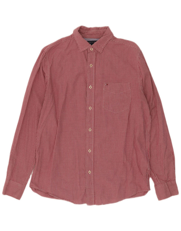 Tommy Hilfiger Camisa masculina clássica de ajuste pequeno algodão vermelho guingão