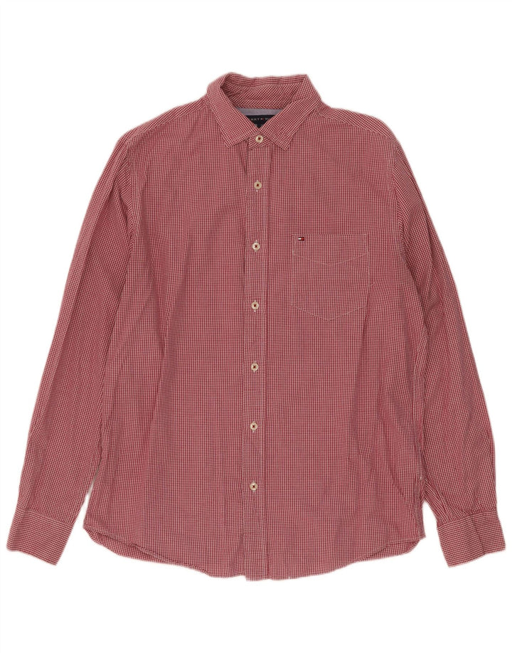 Tommy Hilfiger Camisa masculina clássica de ajuste pequeno algodão vermelho guingão