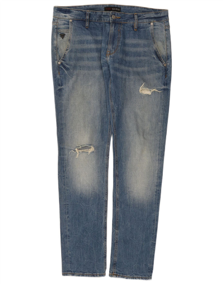 Guess Calça jeans masculina desgastada W33 L32 azul algodão