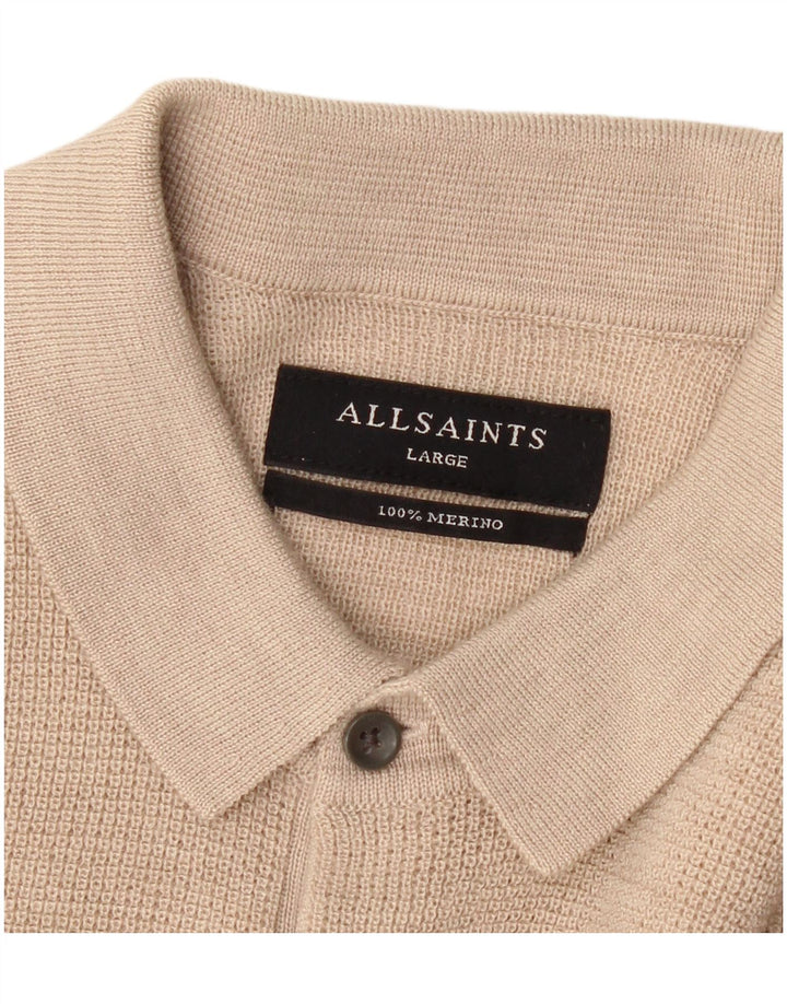 All Saints Suéter masculino de manga curta com gola polo grande bege