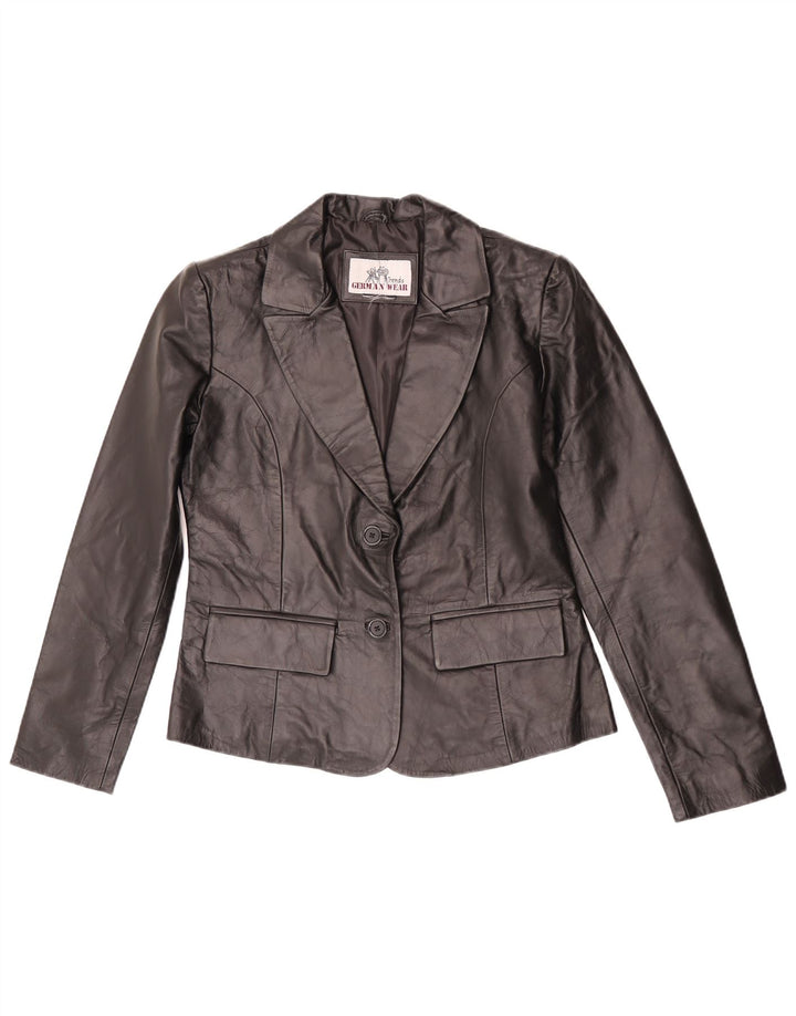 Jaqueta blazer feminina vintage de couro com 2 botões Reino Unido 10 pequena preta