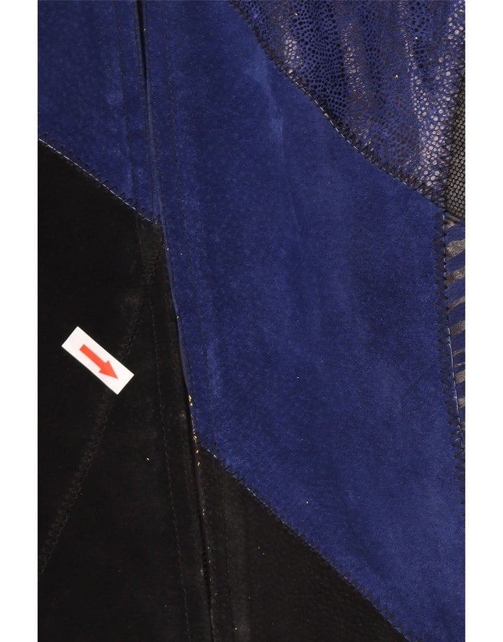 Sobretudo de camurça vintage feminino UK 12 couro colorblock azul médio