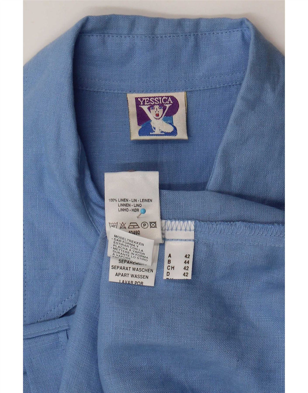Camisa feminina de manga curta Yessica EU 42 grande linho azul