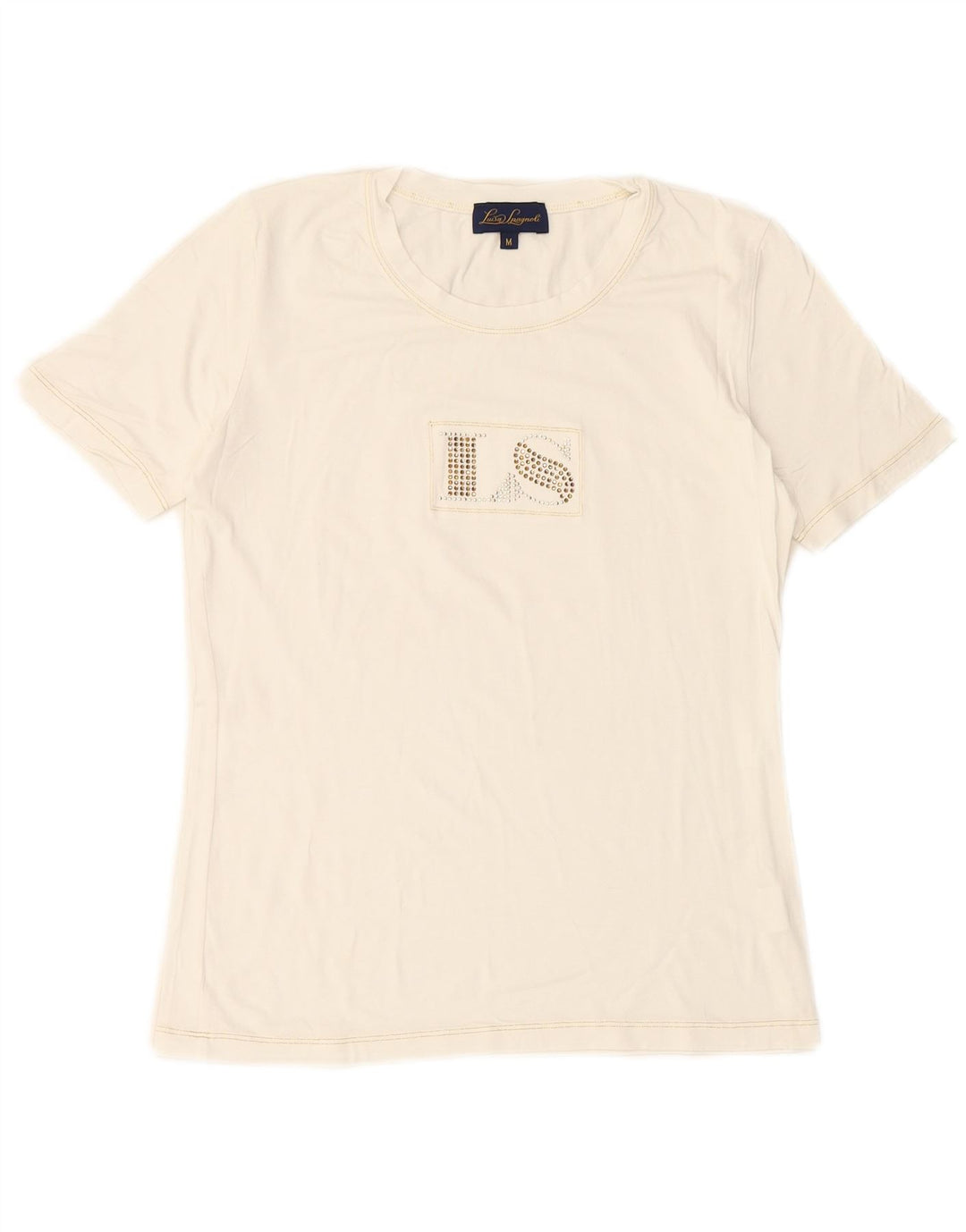 LUISA SPAGNOLI Camiseta feminina gráfica Top UK 14 Médio Branco Viscose