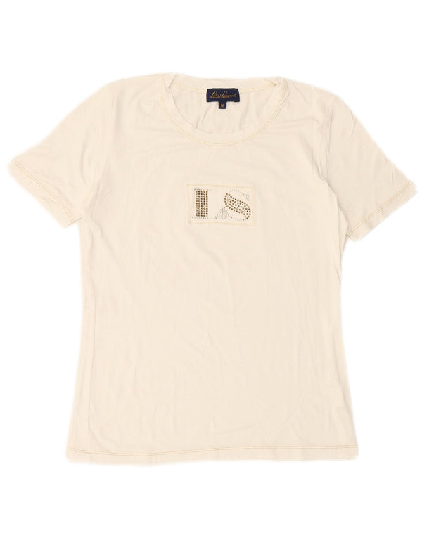 LUISA SPAGNOLI Camiseta feminina gráfica Top UK 14 Médio Branco Viscose