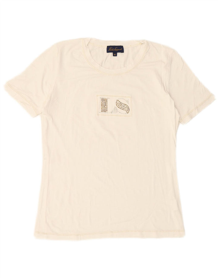 LUISA SPAGNOLI Camiseta feminina gráfica Top UK 14 Médio Branco Viscose