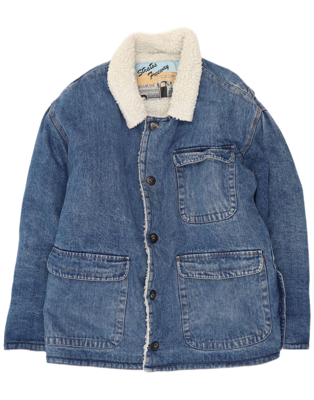 Jaqueta jeans masculina Stratos Sherpa UK 38 médio azul algodão retrô