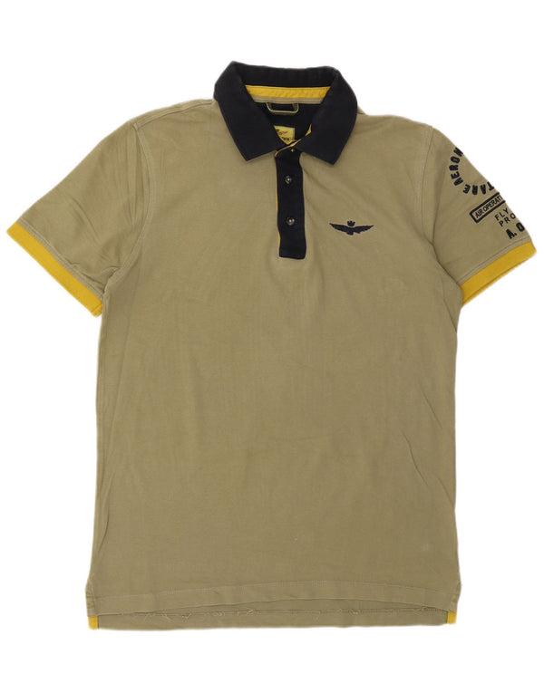 AERONAUTICA MILITARE Camisa polo masculina gráfica slim fit de algodão cáqui médio