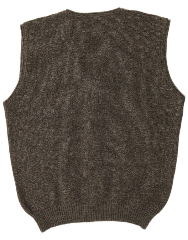 Suéter cardigã masculino vintage sem mangas, acrílico geométrico cáqui médio