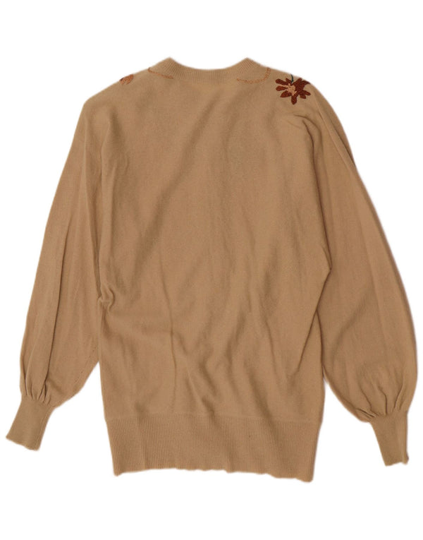 Suéter cardigã feminino vintage Reino Unido 10 pequeno floral bege