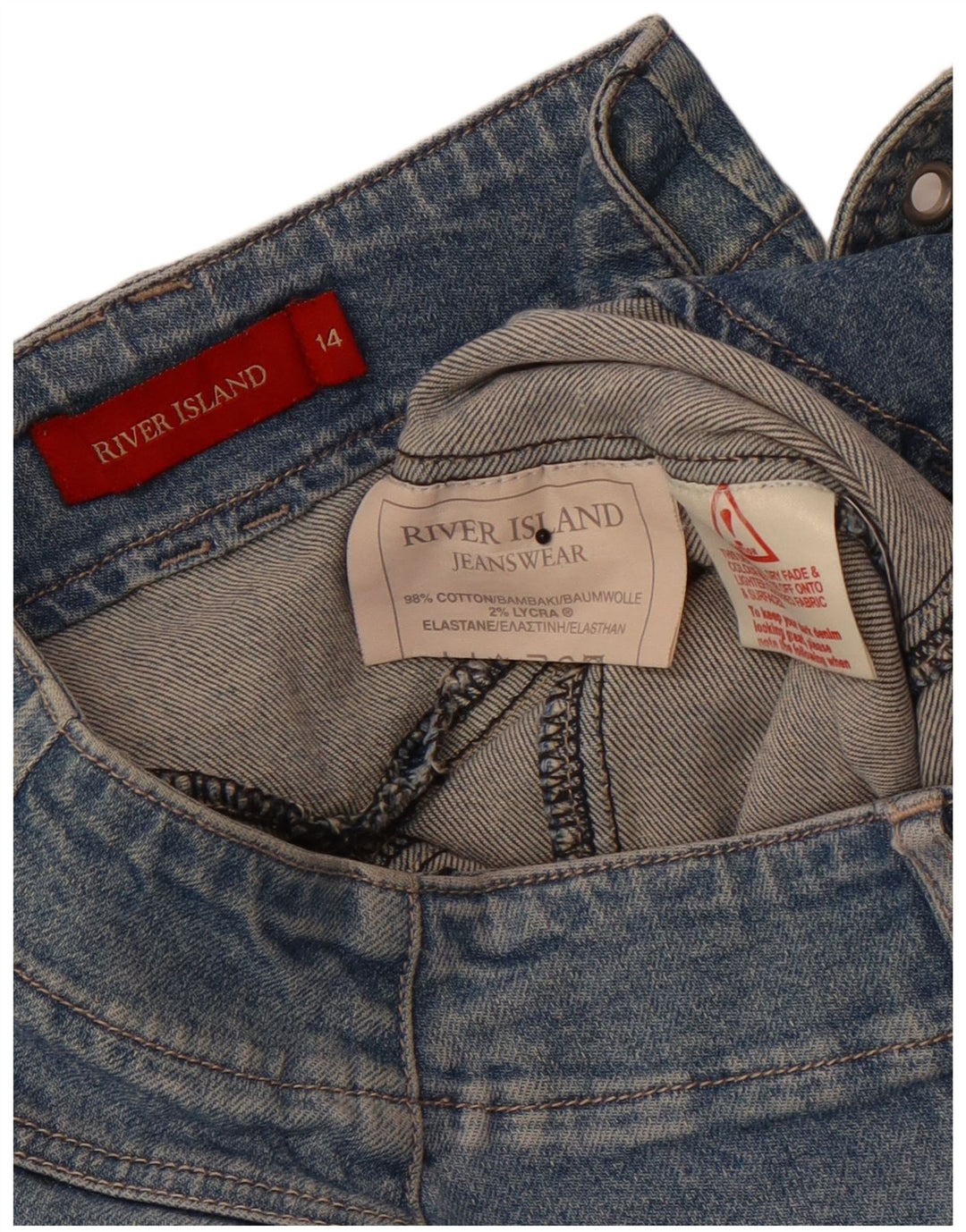 Saia jeans feminina de cintura baixa RIVER ISLAND Reino Unido 14 grande W34 algodão azul