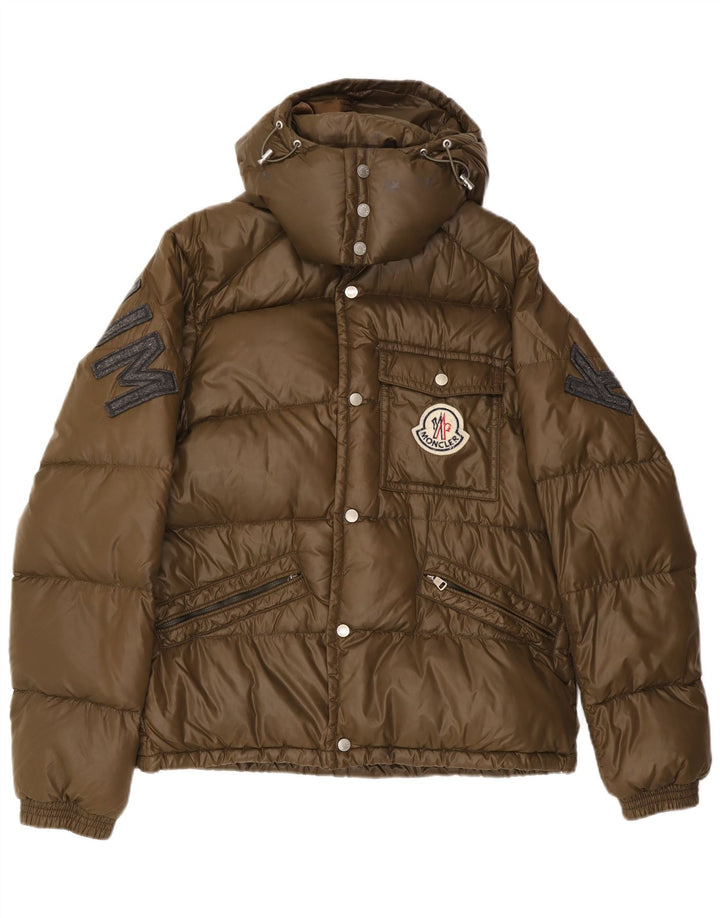 Moncler Jaqueta masculina acolchoada com capuz gráfico tamanho 5 2XL poliamida cáqui