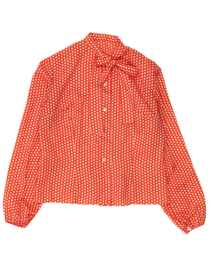 Blusa feminina vintage com gravata frontal Reino Unido 14 bolinhas laranja média