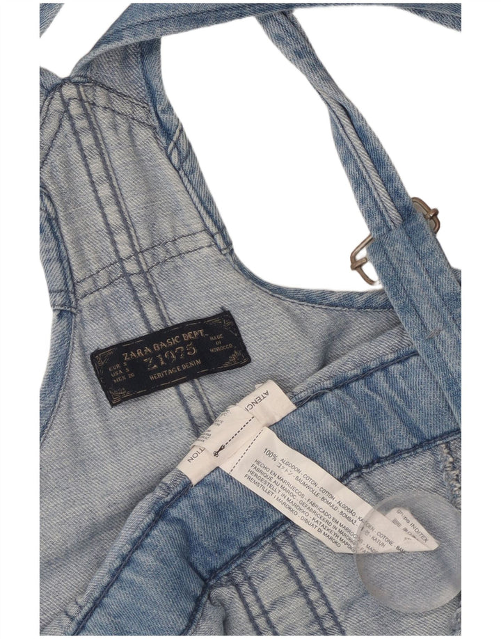 Zara Macacão feminino desgastado jeans cônico pequeno W28 L27 algodão azul