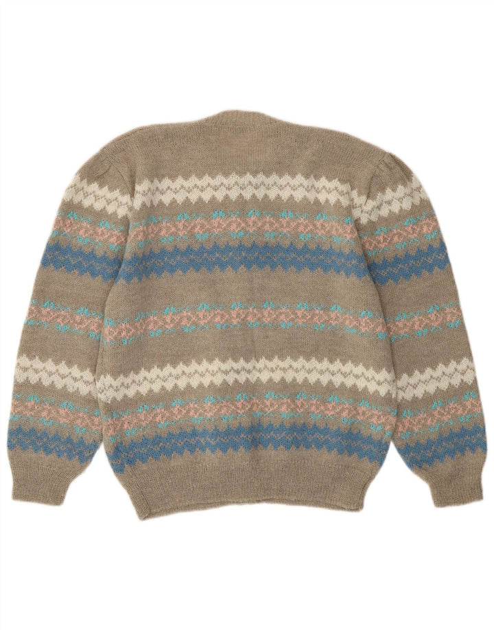 Suéter cardigã feminino vintage Reino Unido 12 cinza médio Fair Isle