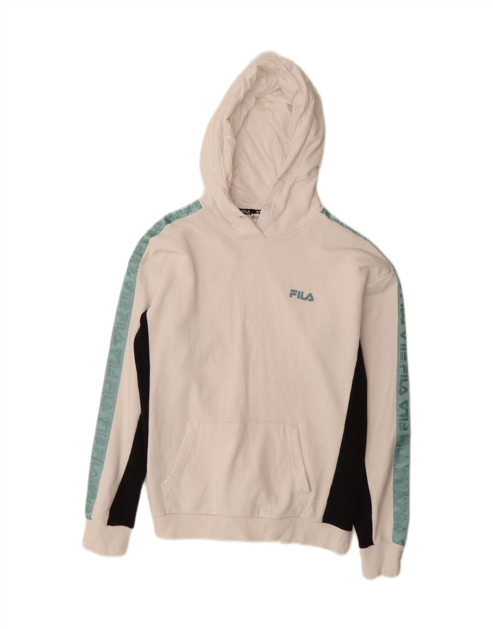 FILA Mens Graphic Hoodie Jumper Small White Colourblock Cotton Vintage Fila and Second-Hand Fila from Messina Hembry 