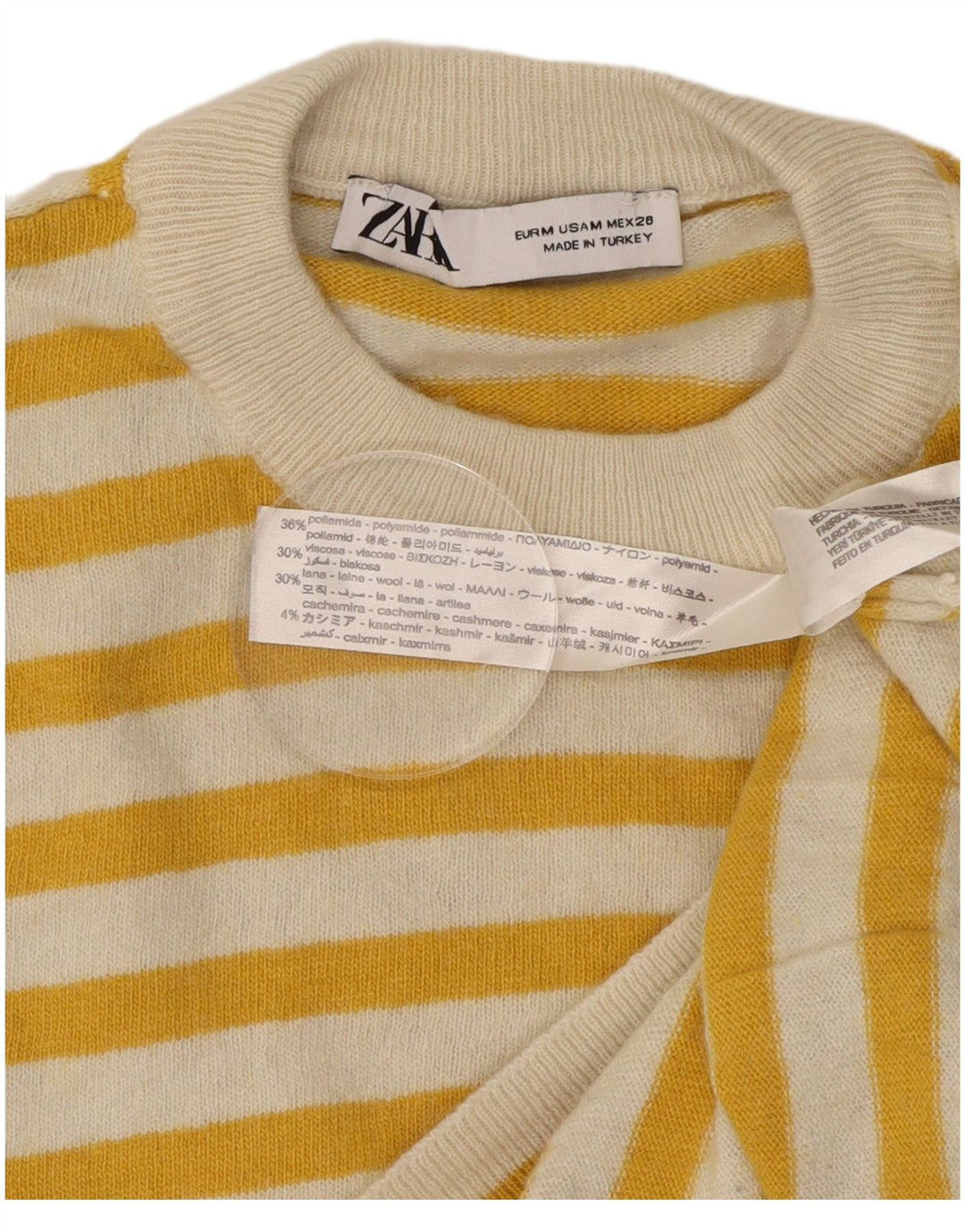 Zara Suéter feminino com gola redonda e gola redonda, poliamida listrada amarela média, Reino Unido 14