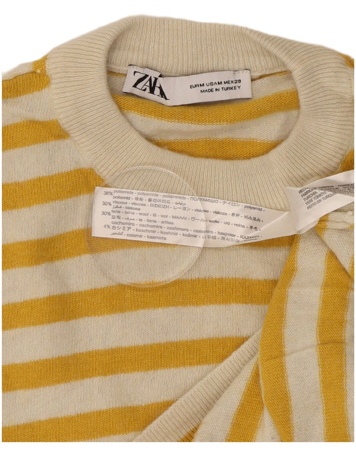 Zara Suéter feminino com gola redonda e gola redonda, poliamida listrada amarela média, Reino Unido 14