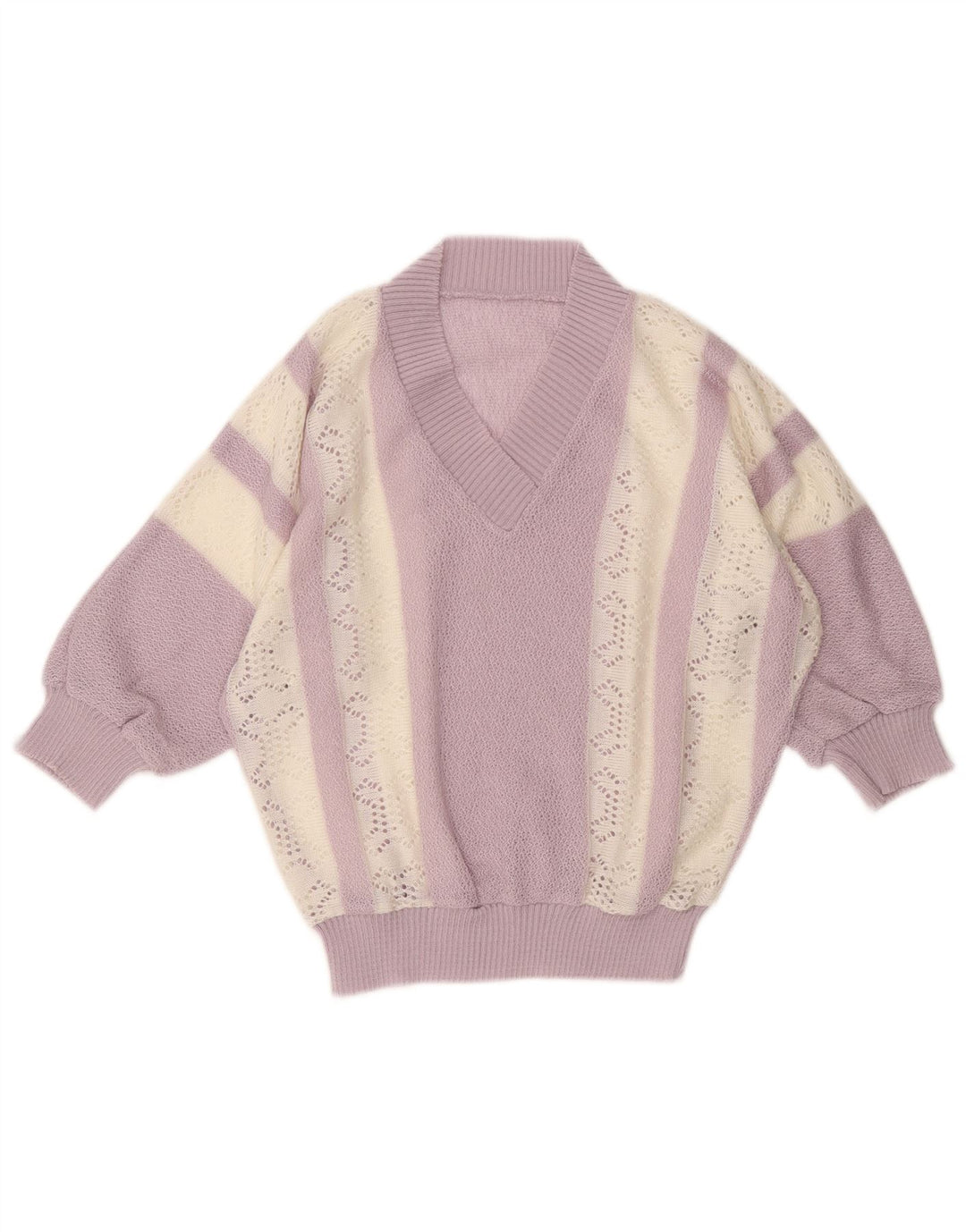 Suéter feminino vintage com decote em V UK 10 listrado roxo pequeno