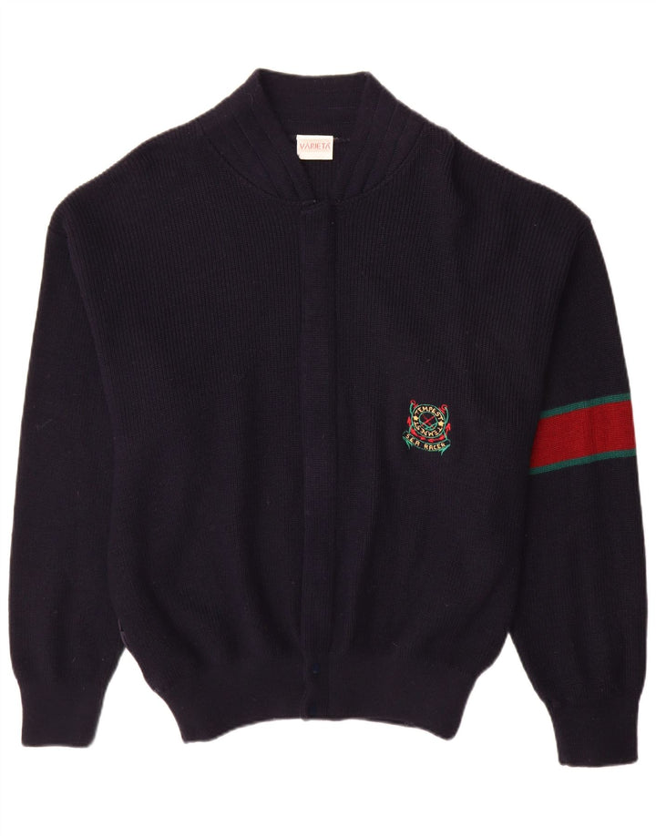 Suéter cardigã masculino vintage grande lã colorblock azul marinho