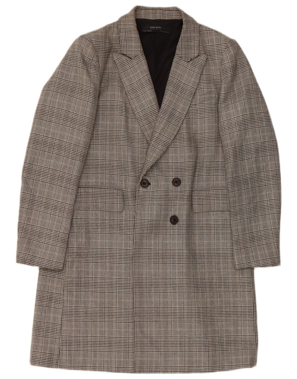 Casaco feminino Zara com peito duplo UK 16 grande poliéster xadrez cinza