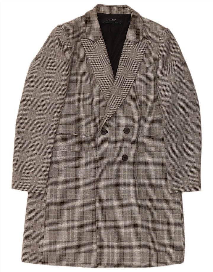 Casaco feminino Zara com peito duplo UK 16 grande poliéster xadrez cinza