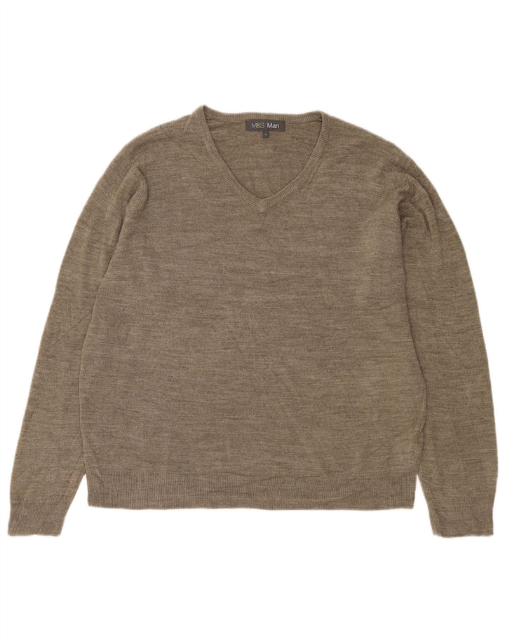 Suéter masculino Marks & Spencer com decote em V grande acrílico manchado cinza
