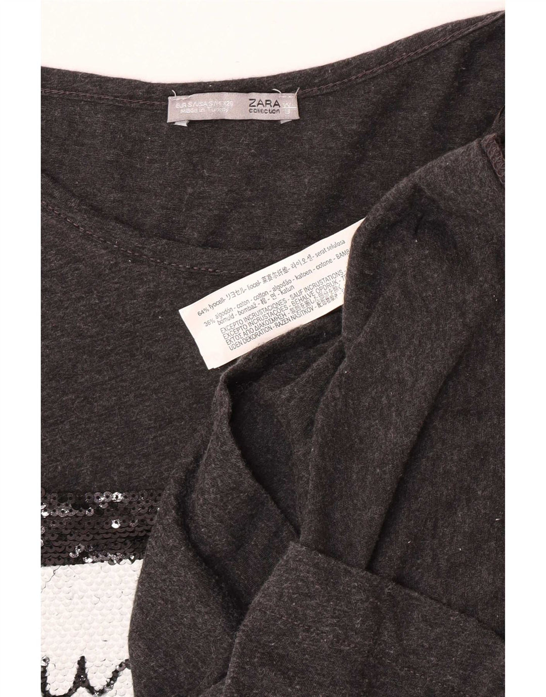 Zara Top gráfico feminino manga 3/4 UK 10 pequeno cinza Lyocell