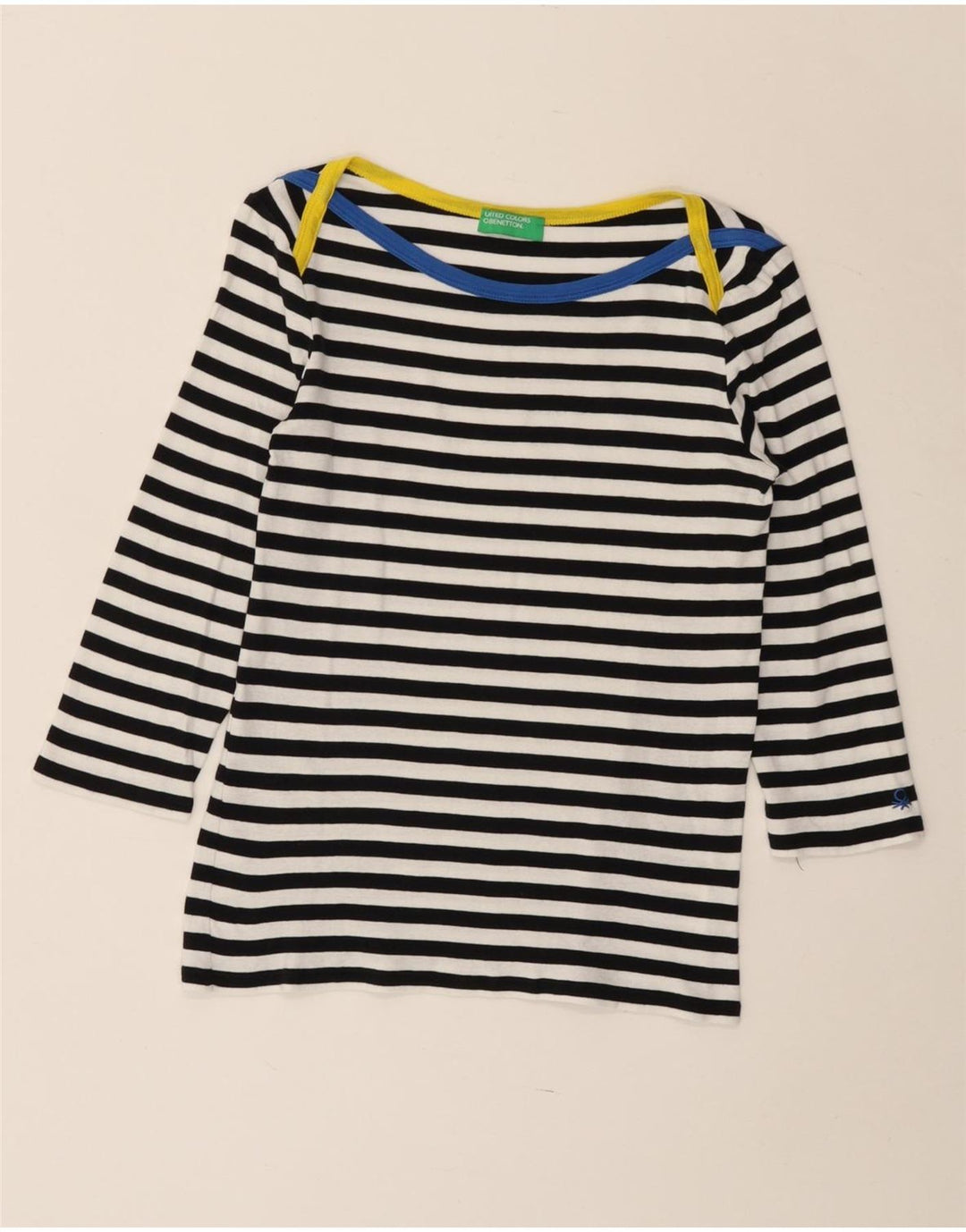 Top feminino Benetton manga 3/4 UK 8 pequeno listrado azul marinho