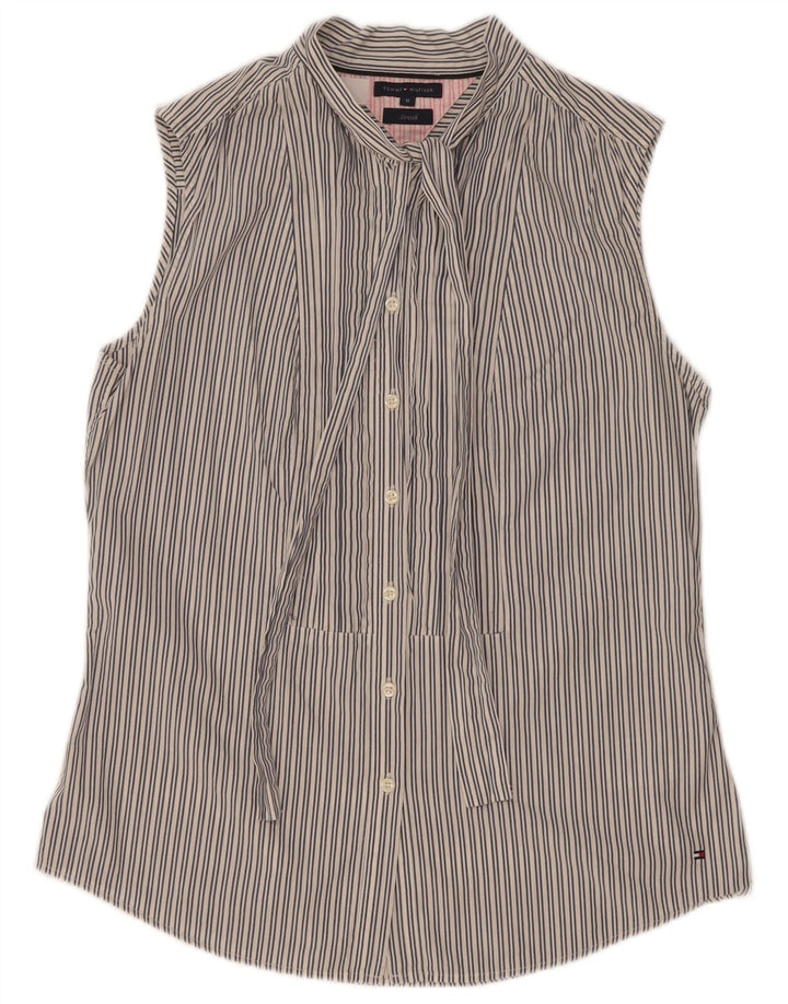 Camisa feminina Tommy Hilfiger sem mangas com gravata frontal US 8 risca de giz cinza médio