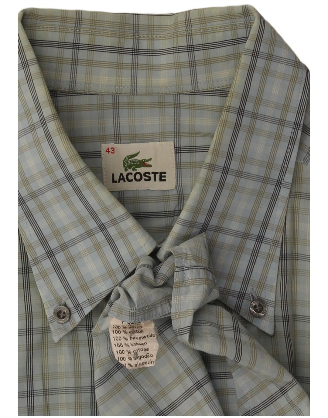Lacoste Camisa masculina de manga curta tamanho 43 grande algodão xadrez azul