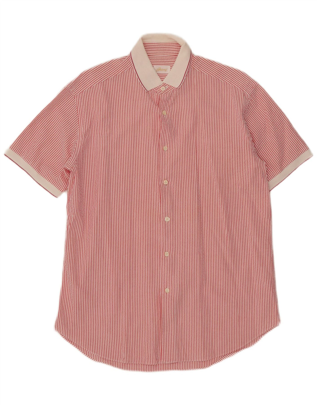 Camisa masculina Brioni de manga curta com riscas vermelhas médias de algodão