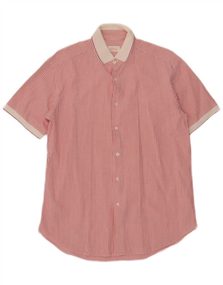 Camisa masculina Brioni de manga curta com riscas vermelhas médias de algodão