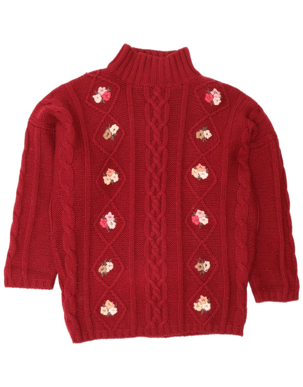 Suéter feminino vintage com gola tartaruga UK 18 XL vermelho floral