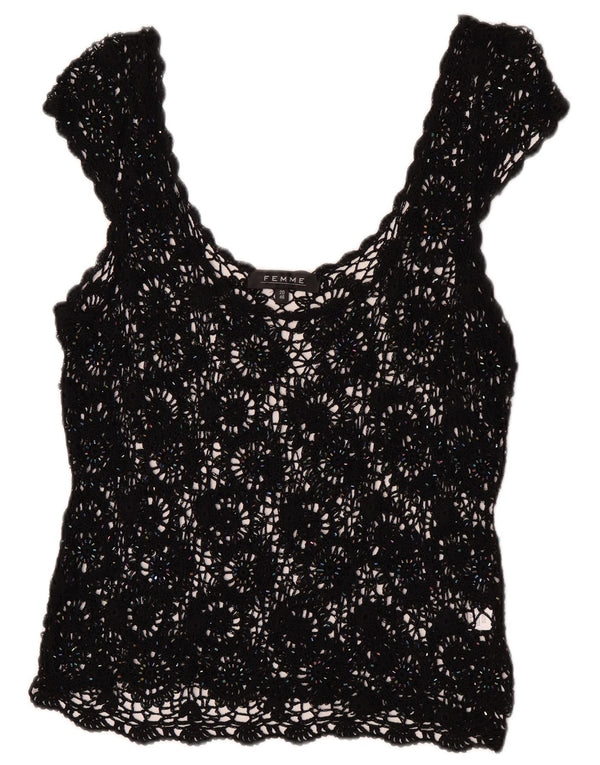 Femme feminino crochê sem mangas transparente top UK 20 2XL viscose preta