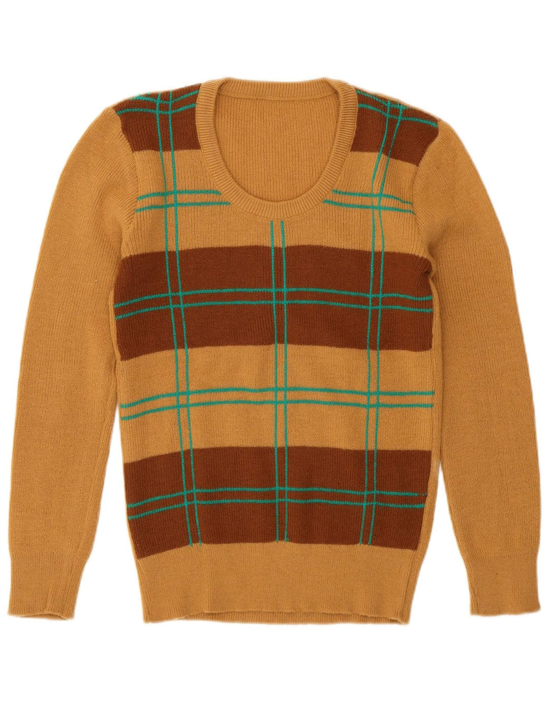 Suéter feminino vintage com gola redonda Reino Unido 12 marrom médio geométrico