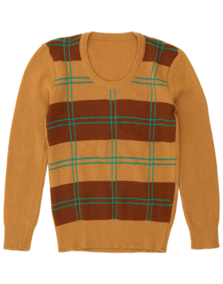 Suéter feminino vintage com gola redonda Reino Unido 12 marrom médio geométrico