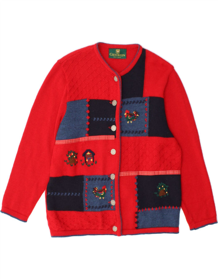 Cardigã feminino GIESSWEIN UK 12 médio vermelho patchwork lã virgem
