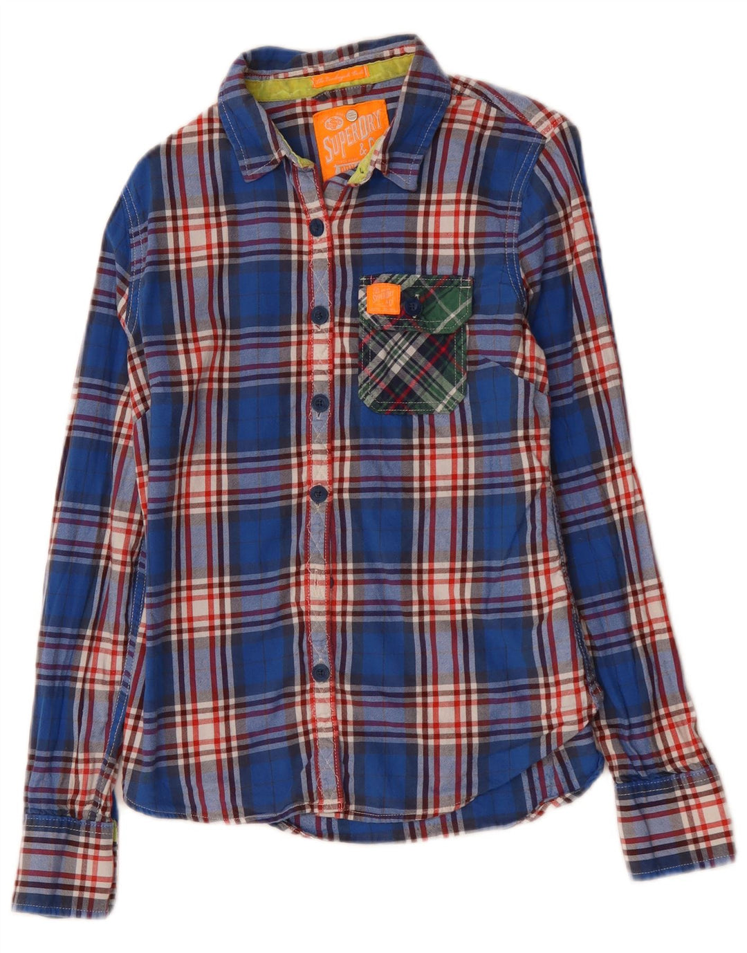 Camisa feminina de flanela SUPERDRY Reino Unido 12 algodão xadrez azul médio