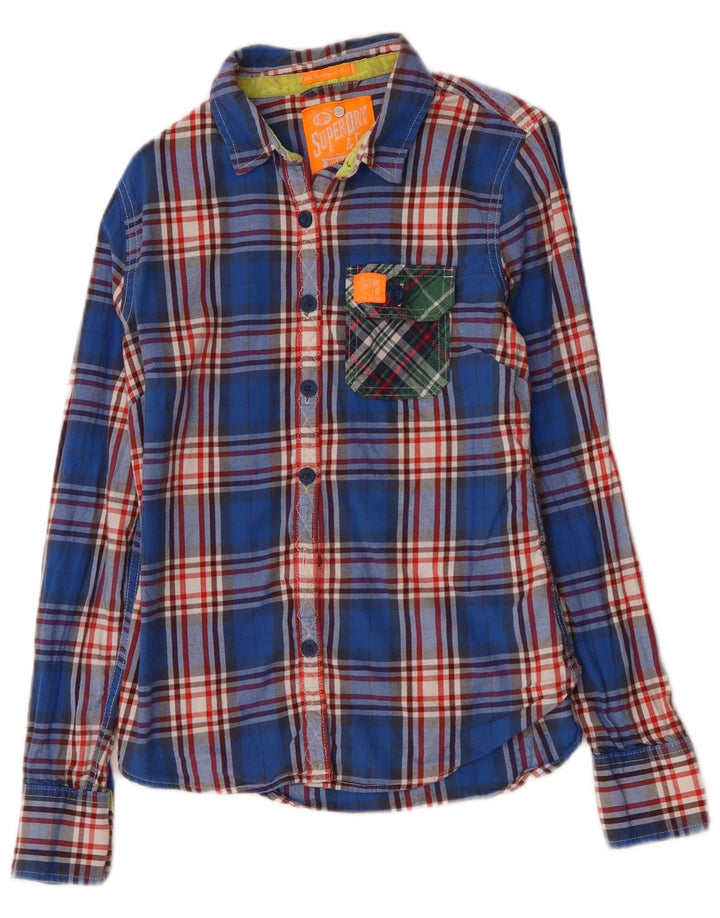 Camisa feminina de flanela SUPERDRY Reino Unido 12 algodão xadrez azul médio