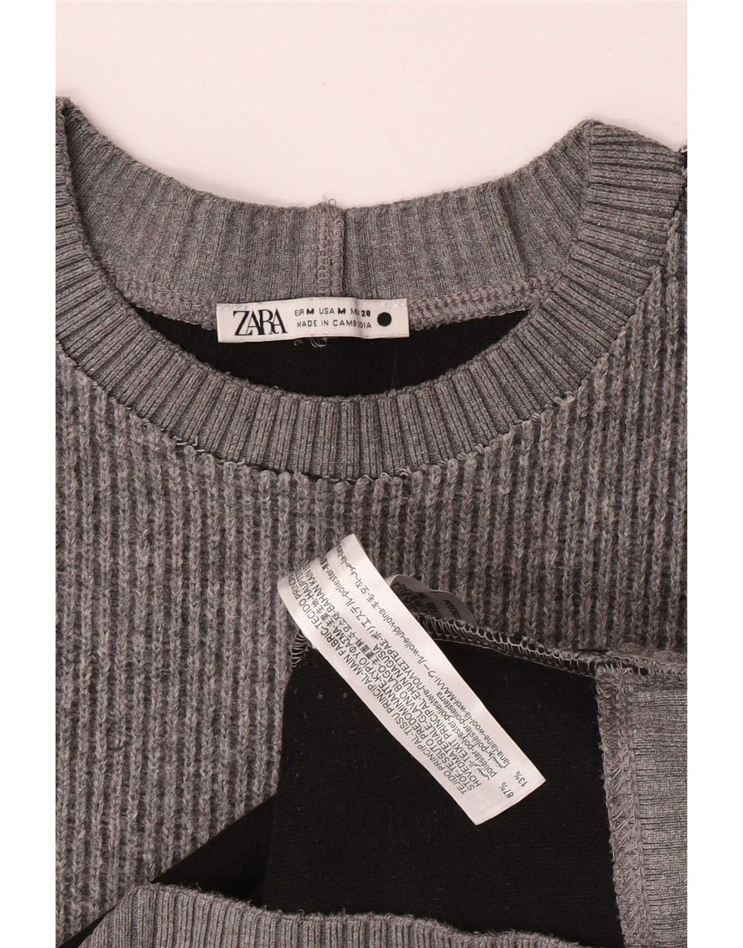 Suéter feminino Zara com gola redonda, Reino Unido 14, poliéster cinza médio
