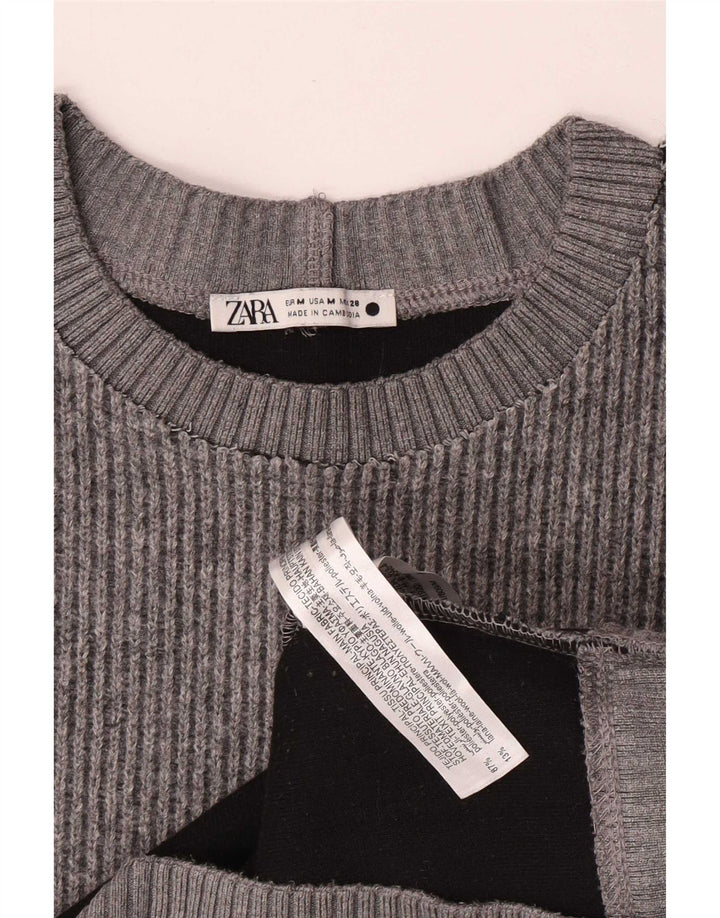 Suéter feminino Zara com gola redonda, Reino Unido 14, poliéster cinza médio