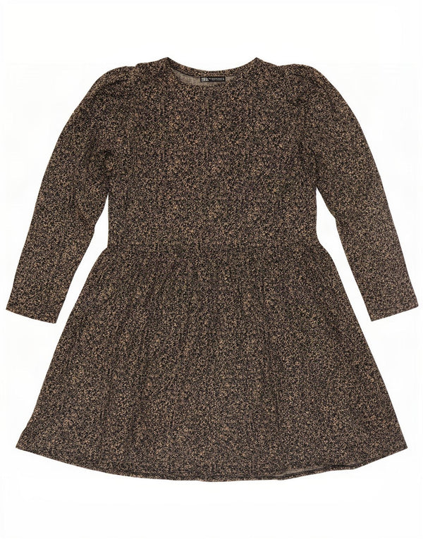 Vestido básico feminino de manga comprida Zara Reino Unido 14 poliéster floral marrom médio