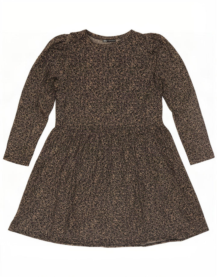 Vestido básico feminino de manga comprida Zara Reino Unido 14 poliéster floral marrom médio