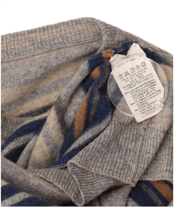 Suéter vintage masculino com gola redonda, lã virgem listrada pequena cinza