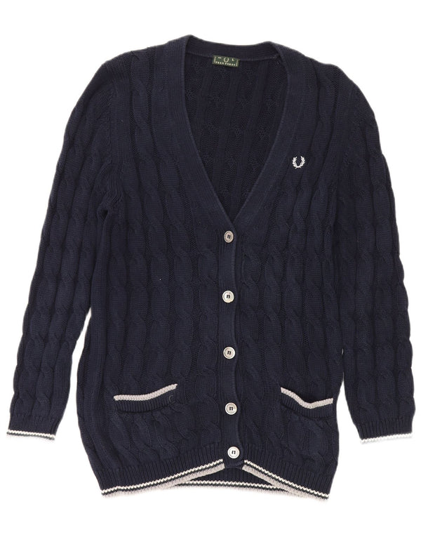Suéter cardigã feminino Fred Perry Reino Unido 14 grande azul marinho algodão clássico
